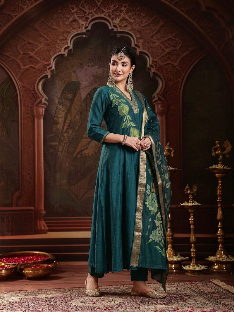 Stylum Women's Teal Solid & Embroidered Roman Silk A-Line Kurta Pant With Dupatta