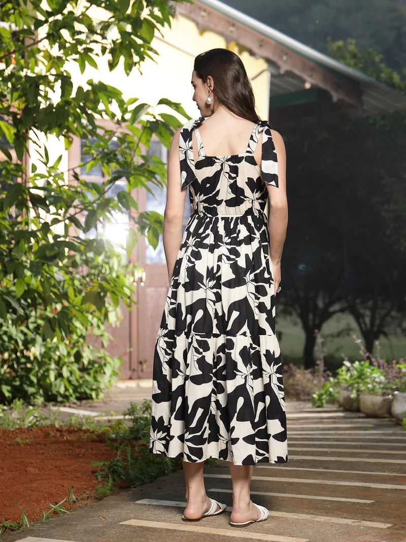 Stylum Women's Black Printed Cotton Tiered Dress