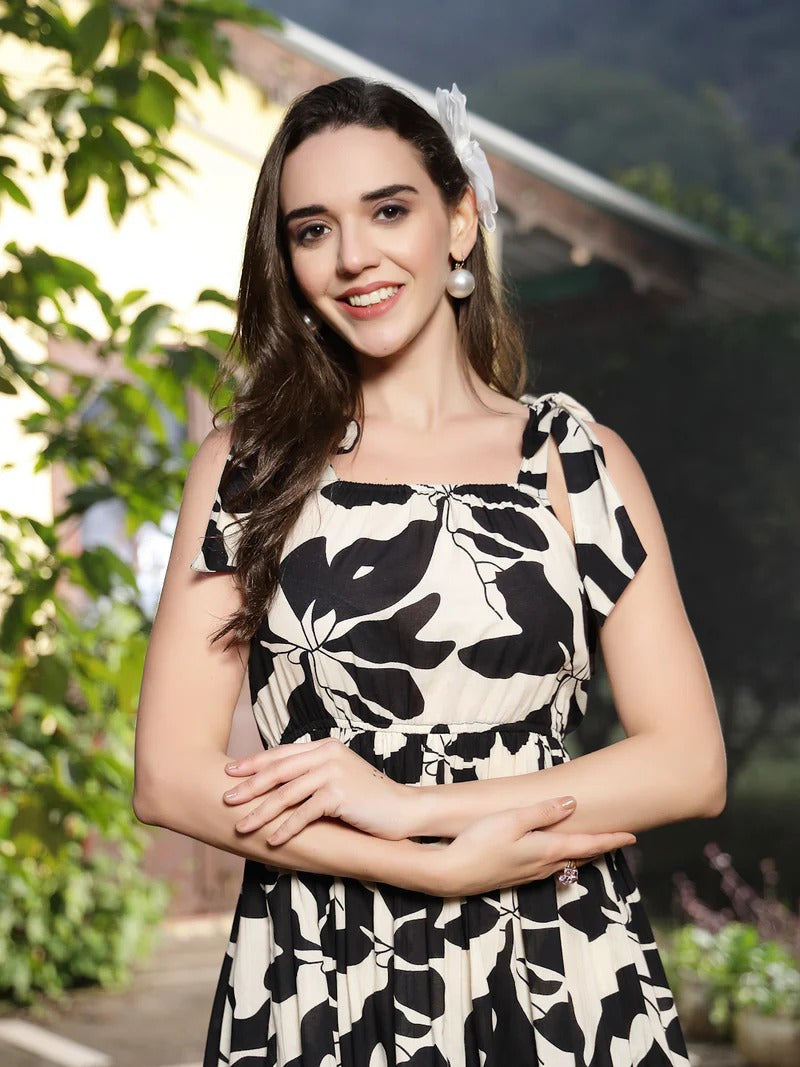 Stylum Women's Black Printed Cotton Tiered Dress