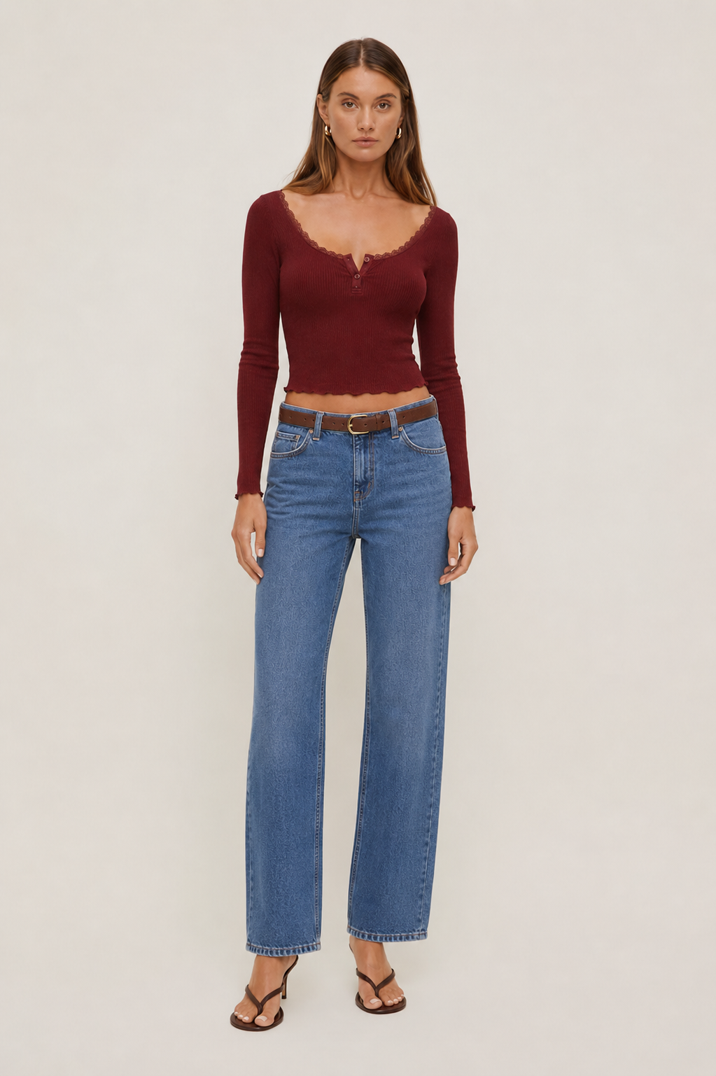 Mywishbag Polo Lace Trim Rib Top - Polyester Blend