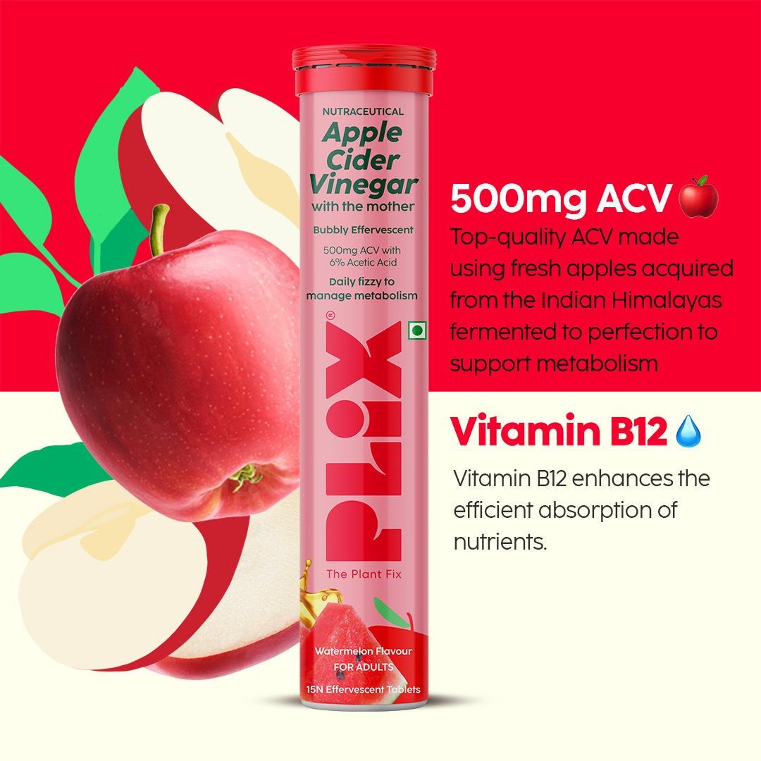 Plix ACV Effervescent Tablets - 15 (Juicy Watermelon, Pack of 4)