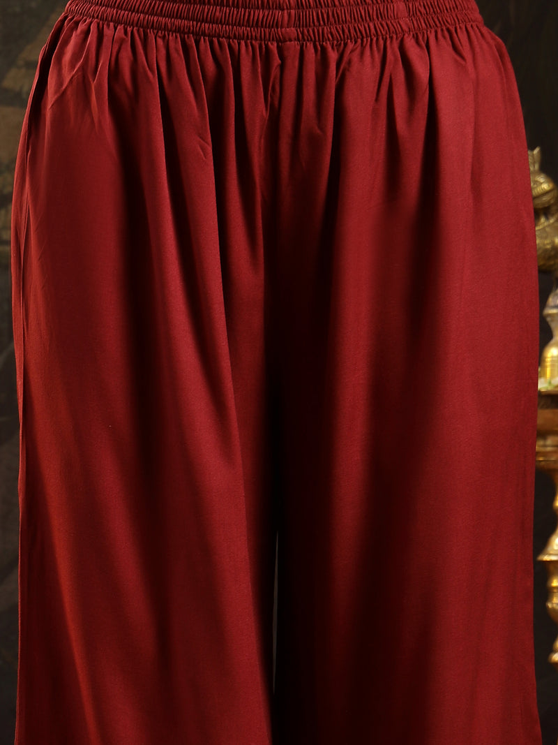 Stylum Women's Maroon Solid & Embroidered Rayon Asymmetric Kurta Palazzo With Dupatta