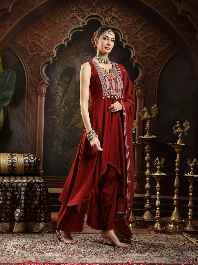 Stylum Women's Maroon Solid & Embroidered Rayon Asymmetric Kurta Palazzo With Dupatta