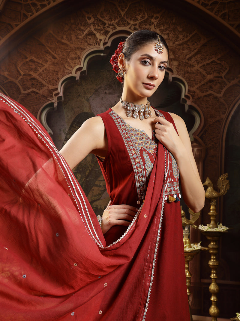 Stylum Women's Maroon Solid & Embroidered Rayon Asymmetric Kurta Palazzo With Dupatta