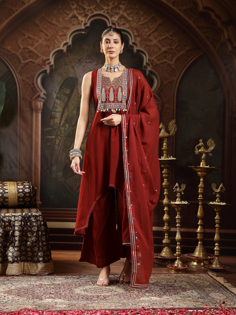 Stylum Women's Maroon Solid & Embroidered Rayon Asymmetric Kurta Palazzo With Dupatta