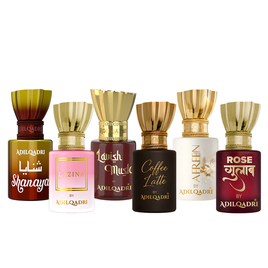 Pack Of 6 Shanaya, Lazina, Lavish Musk, Coffee Latte, Afreen, Rose Attar 5.5 Ml Each