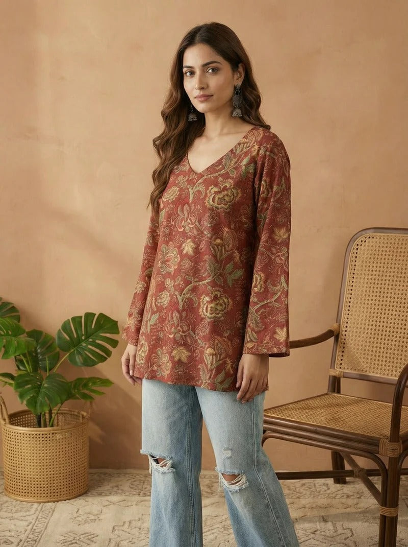 Stylum Women's Red Floral Printed Cotton Straight Top