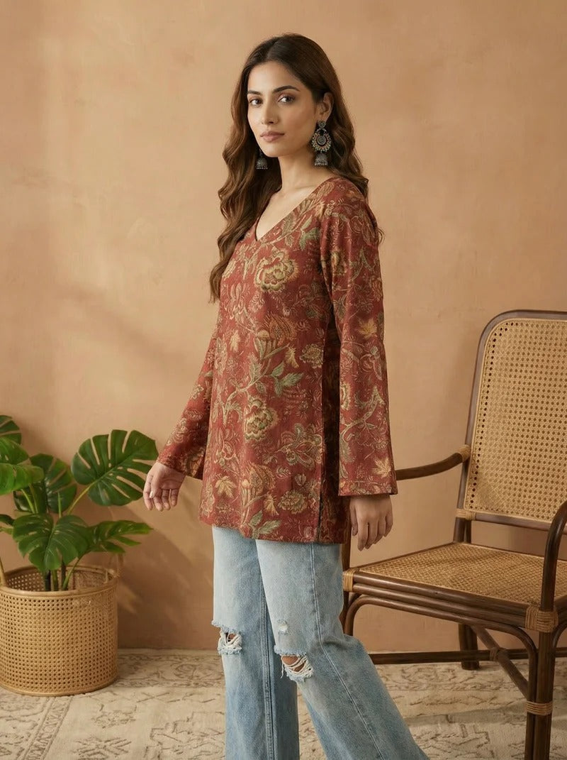 Stylum Women's Red Floral Printed Cotton Straight Top