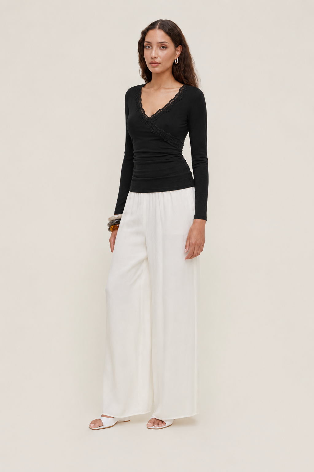 Mywishbag V-Neck Solid Lace Trim Ruched Long Sleeve Top - Polyester Blend