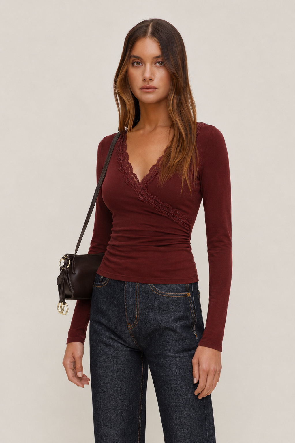 Mywishbag V-Neck Solid Lace Trim Ruched Long Sleeve Top - Polyester Blend