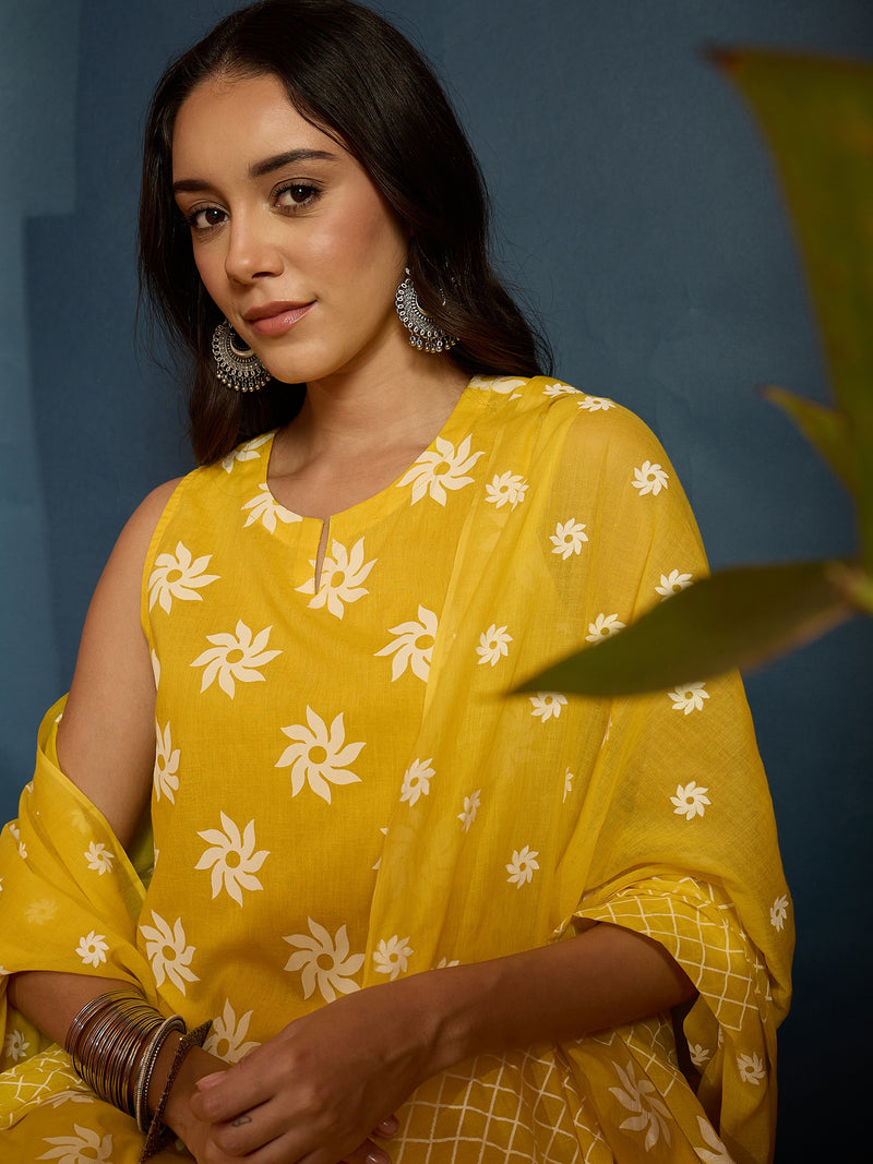 Stylum Women's Yellow Floral Printed Pure Cotton Straight Kurti Farshi Salwar With Dupatta