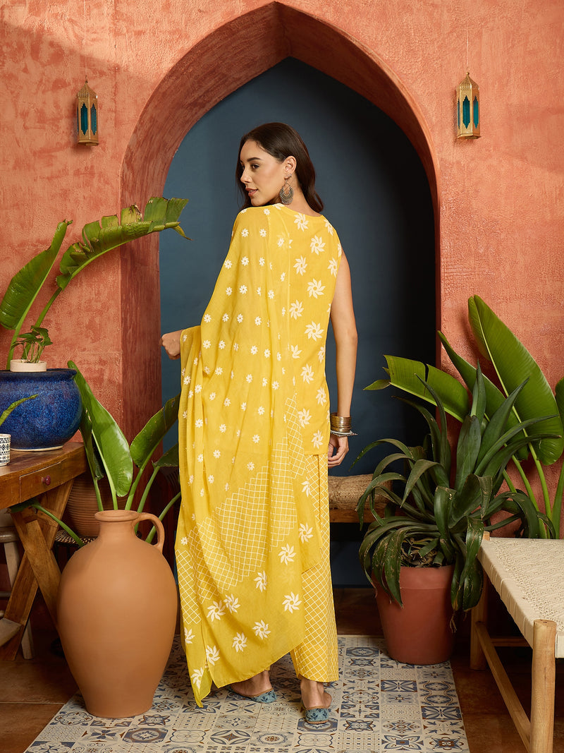 Stylum Women's Yellow Floral Printed Pure Cotton Straight Kurti Farshi Salwar With Dupatta