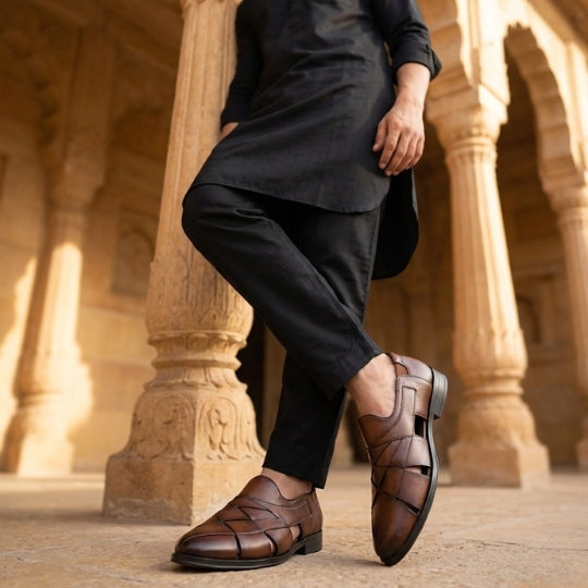 Hirolas Men's Peshawari Shoe Style Vegan Leather Roman Ethnic Sandal