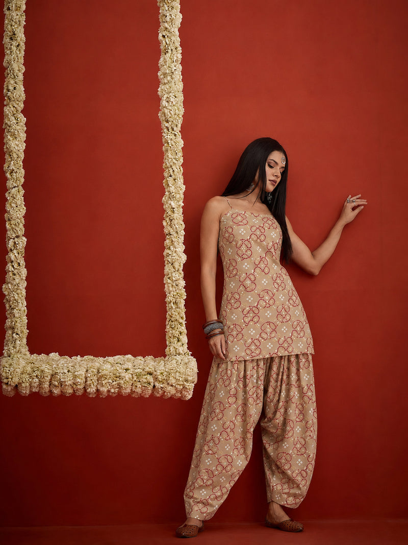 Stylum Women's Beige Bandhej Printed Reyon Straight Short Kurti With Farshi Salwar