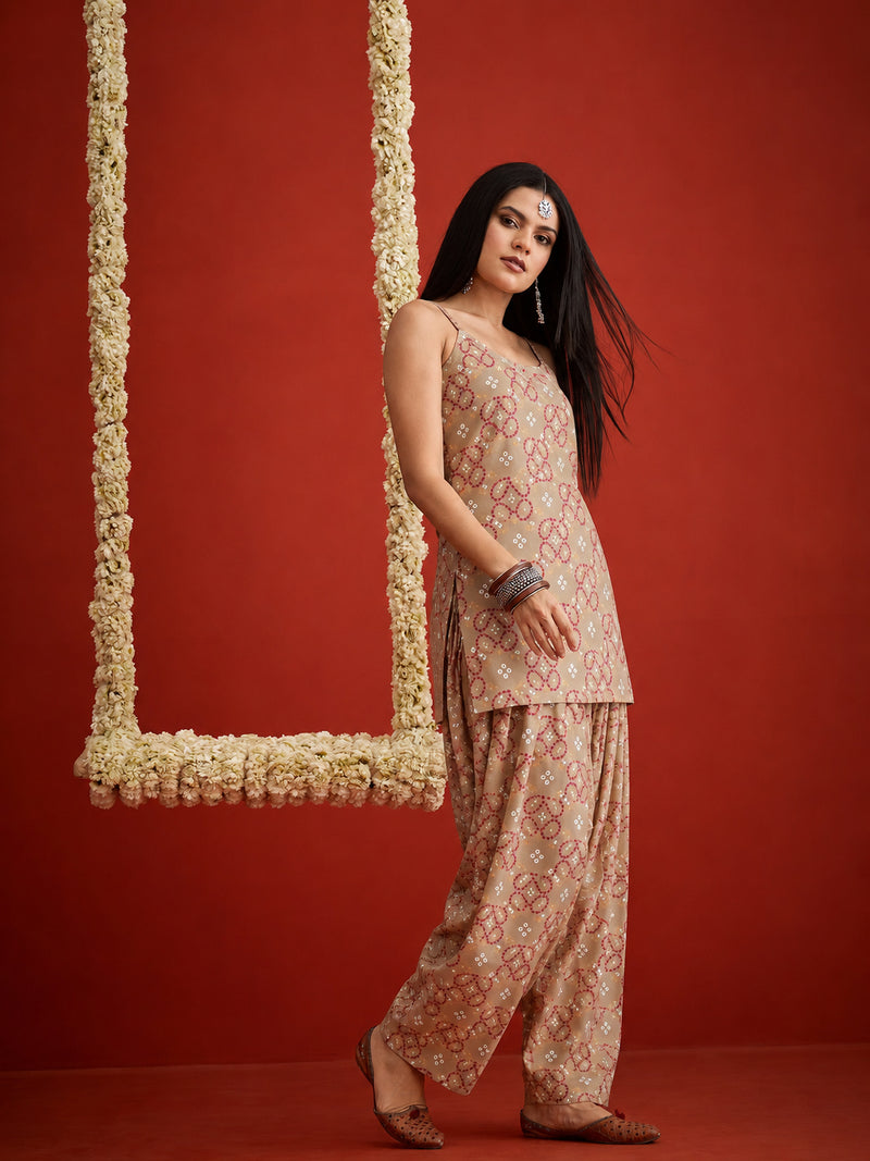 Stylum Women's Beige Bandhej Printed Reyon Straight Short Kurti With Farshi Salwar