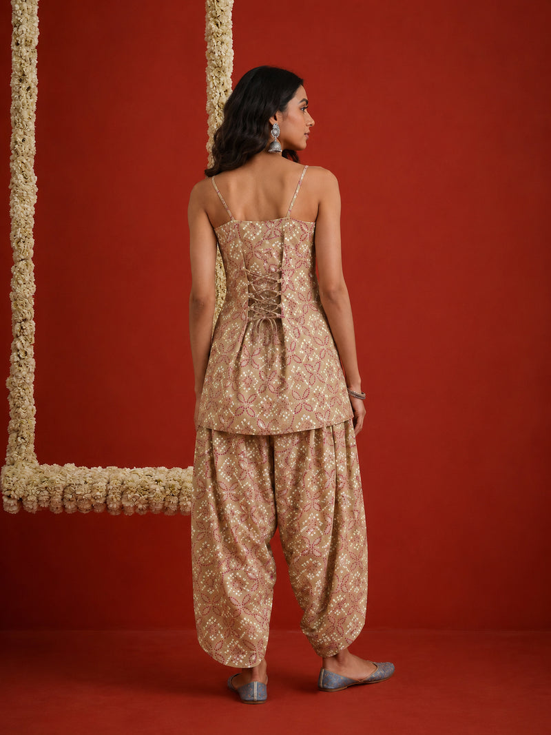 Stylum Women's Beige Bandhej Printed Reyon Straight Short Kurti With Farshi Salwar