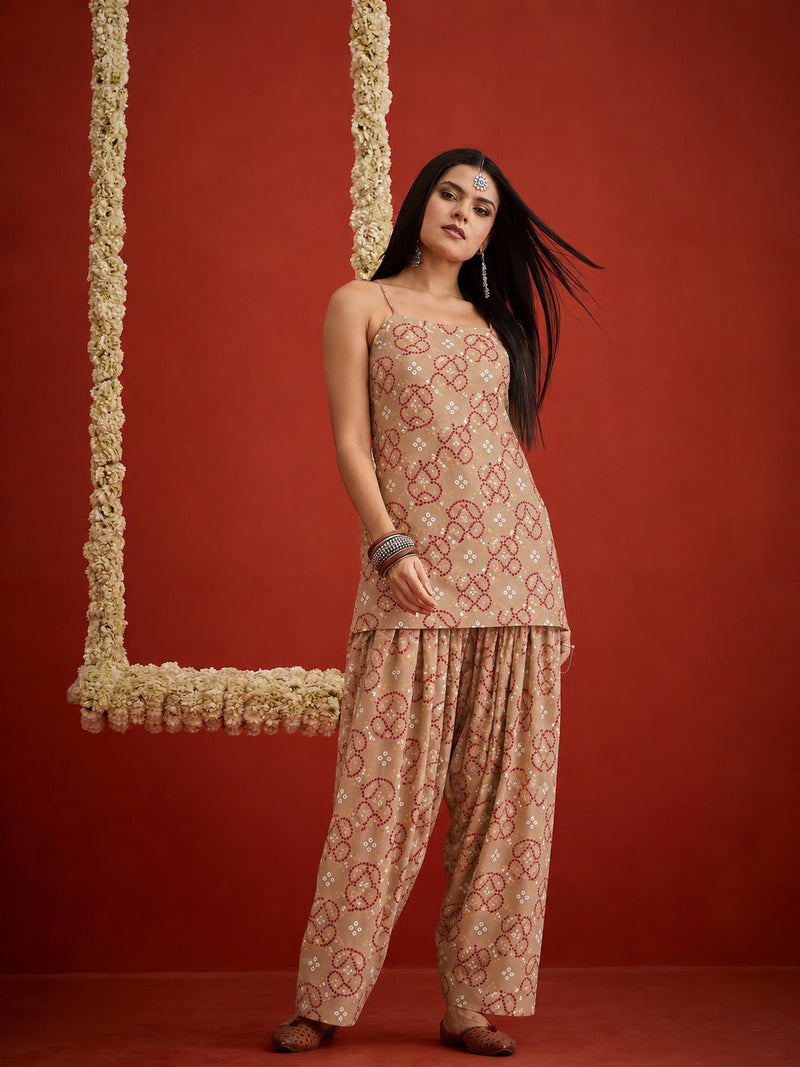 Stylum Women's Beige Bandhej Printed Reyon Straight Short Kurti With Farshi Salwar