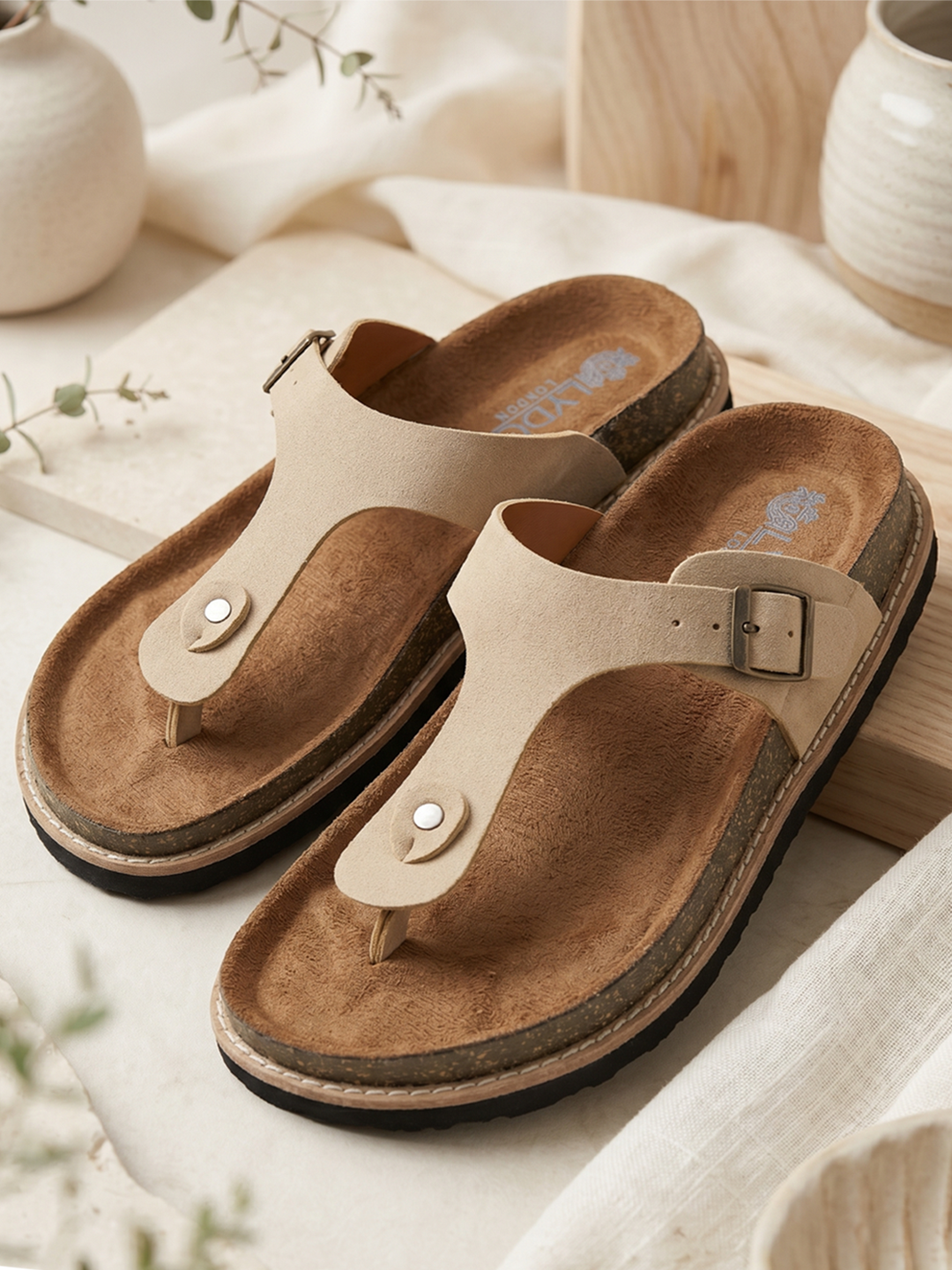 LYDC Beige Suede Sandals For Women Welt-Crafted T-Strap Sandals - Beige
