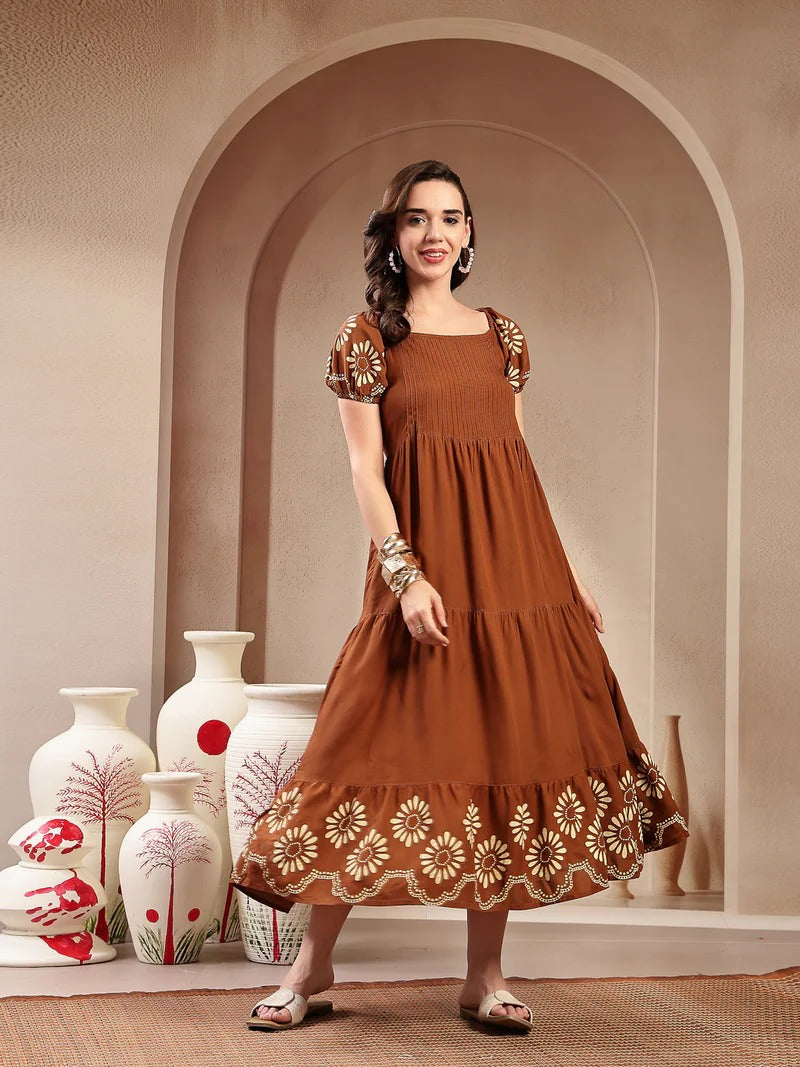 Stylum Women's Brown Solid Rayon Tiered Dress