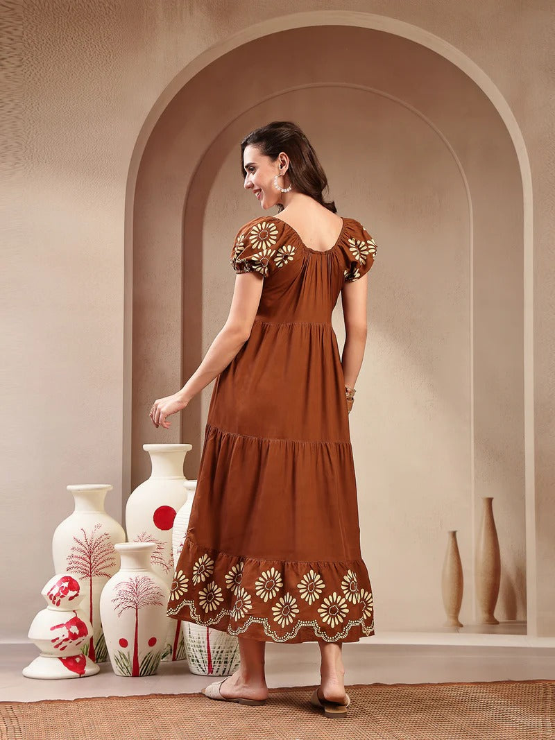 Stylum Women's Brown Solid Rayon Tiered Dress