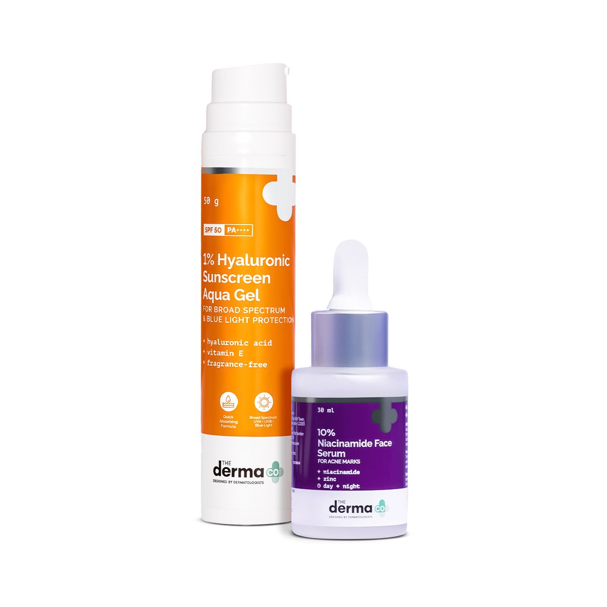 Derma Co Filter-Free Skin Combo (1% Hyaluronic Sunscreen Aqua Gel + 10% Niacinamide Face Serum)