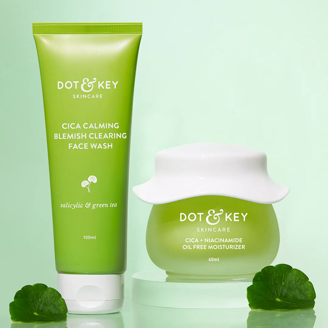 Dot & Key Cica Calming Blemish Clearing Face Wash 100ml & Cica & Niacinamide Spot Reduction Oil Free Moisturizer - 50g | For Acne Prone Skin | Skin Care Combo | For Women & Men