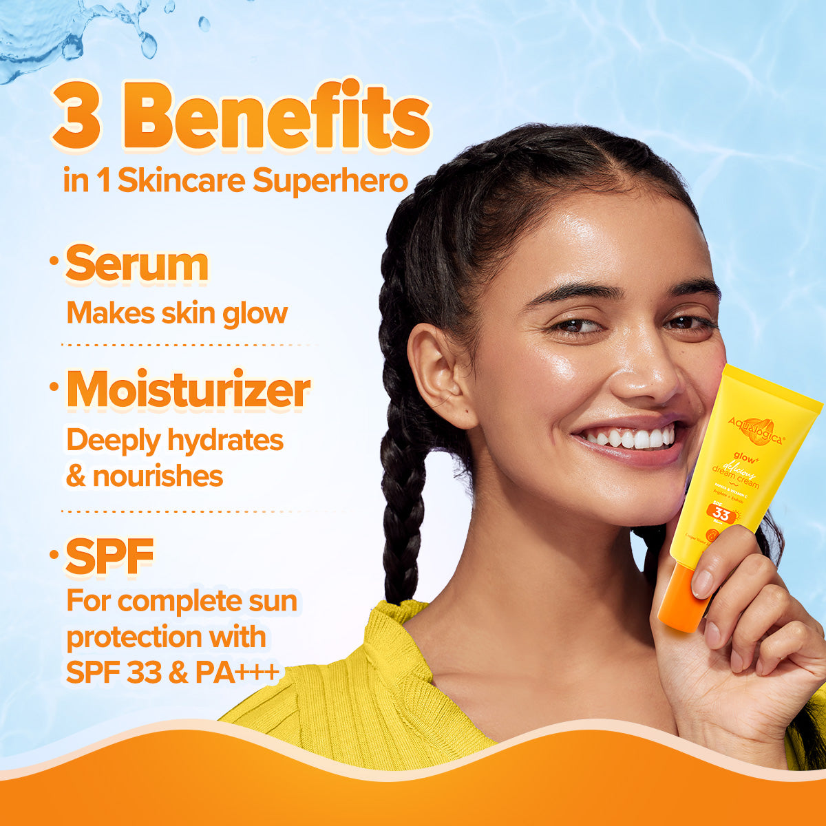 Aqualogica Glow+ 3-In-1 Delicious Dream Cream With Spf 33+ & Pa+++ - 50g