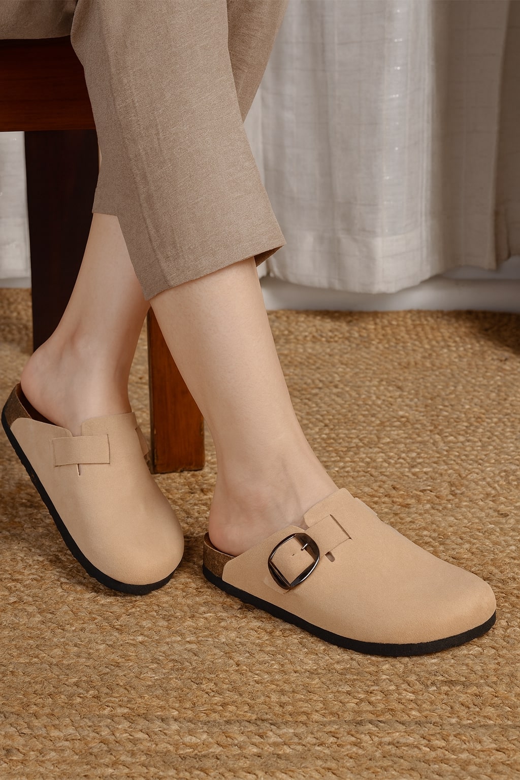 LYDC Brixton Beige Suede Clogs Sandals for Women - Beige-Suede
