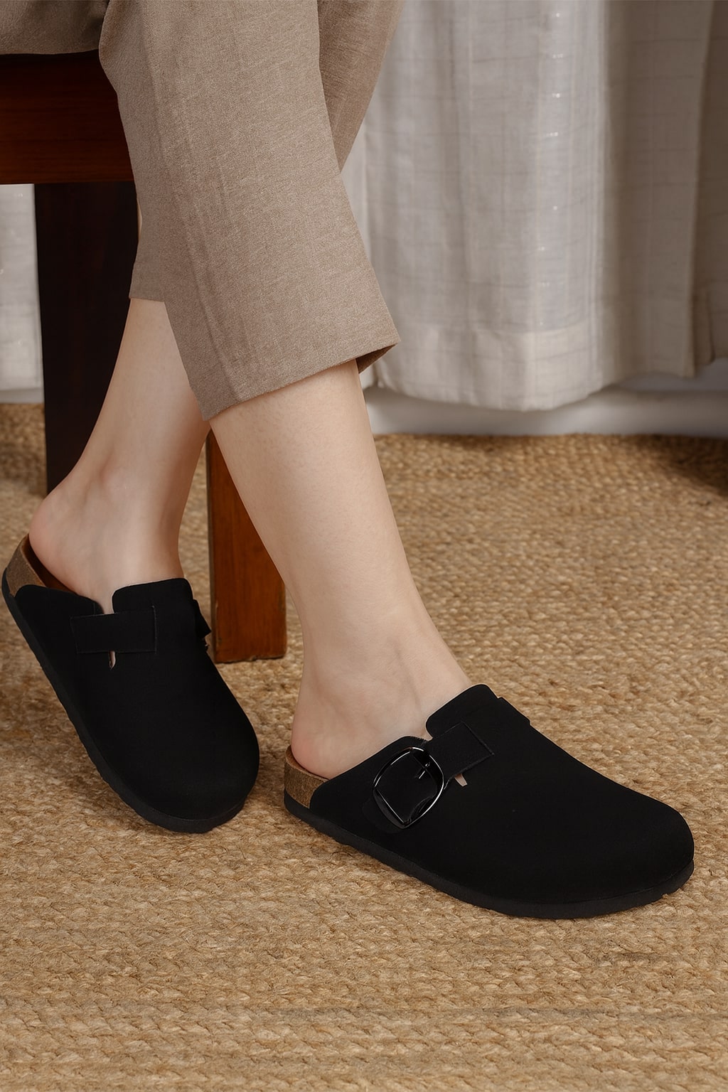 LYDC Brixton Black Suede Clogs Sandals for Women - Black-Suede
