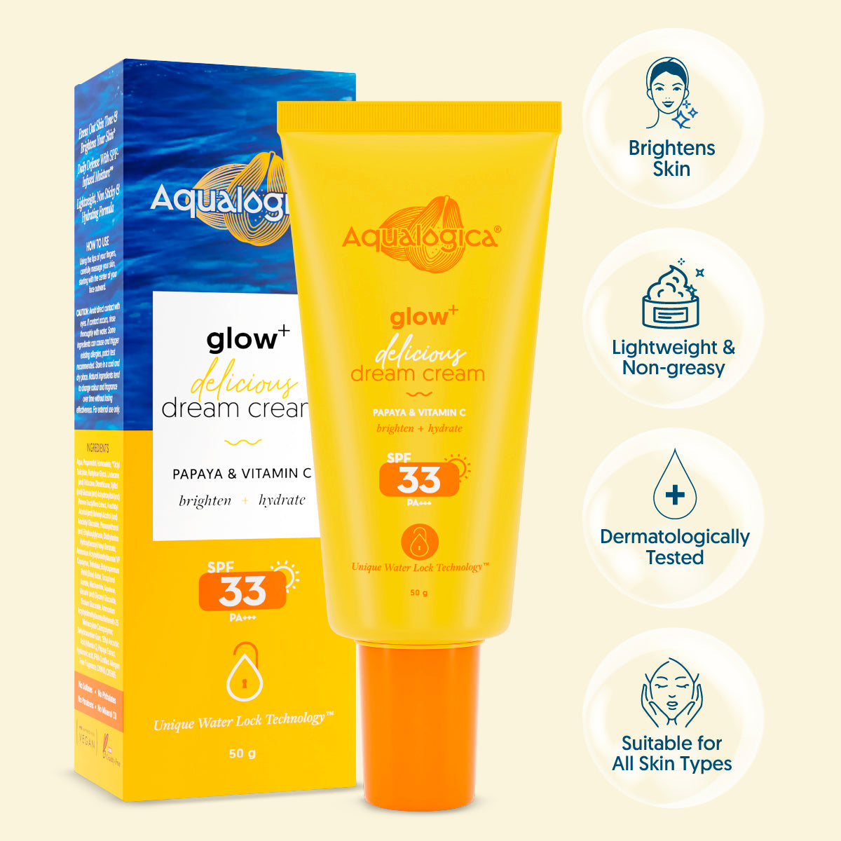 Aqualogica Glow+ 3-In-1 Delicious Dream Cream With Spf 33+ & Pa+++ - 50g