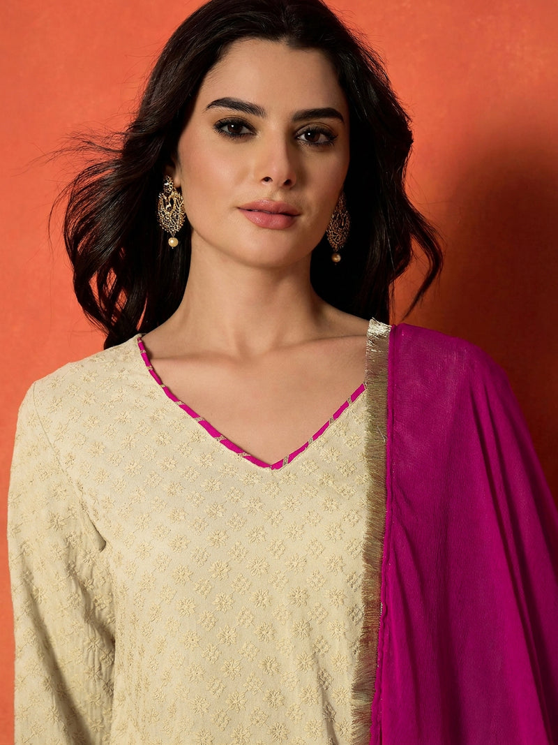 Stylum Women's Chikankari Rayon A-Line Kurti Farshi Salwar With Dupatta Set