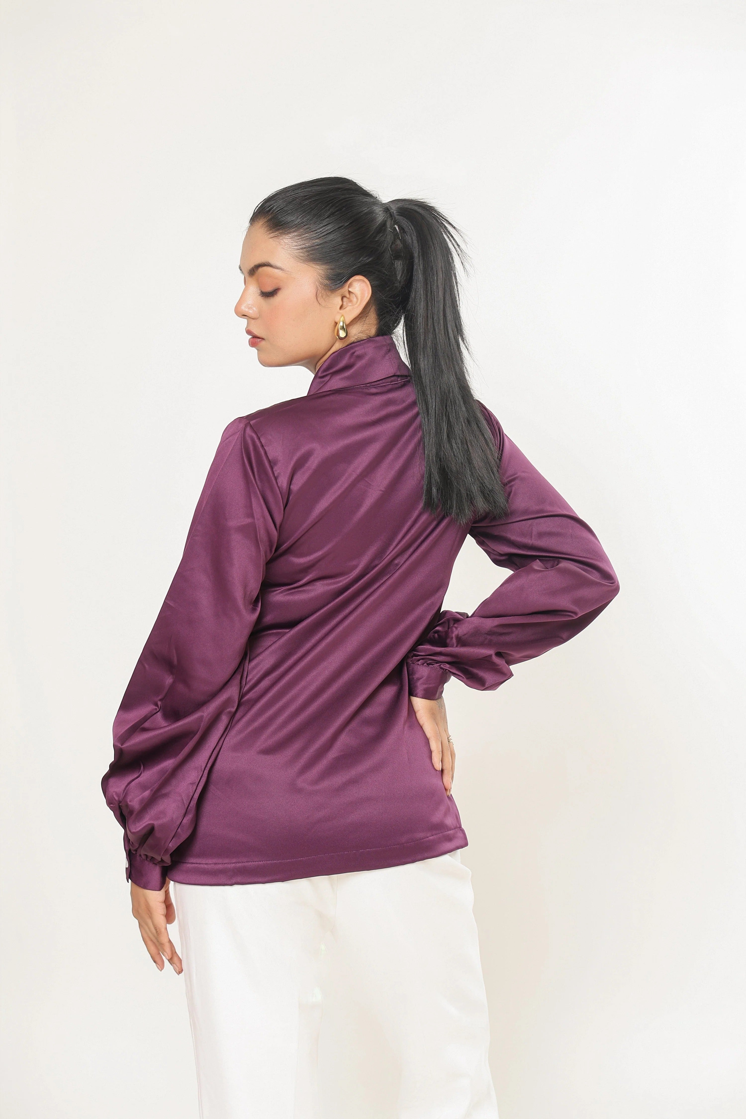 Sugnaa Elle Bow Blouse Top - Plum Purple