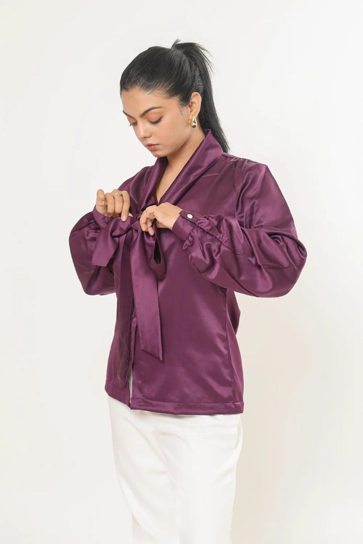 Sugnaa Elle Bow Blouse Top - Plum Purple