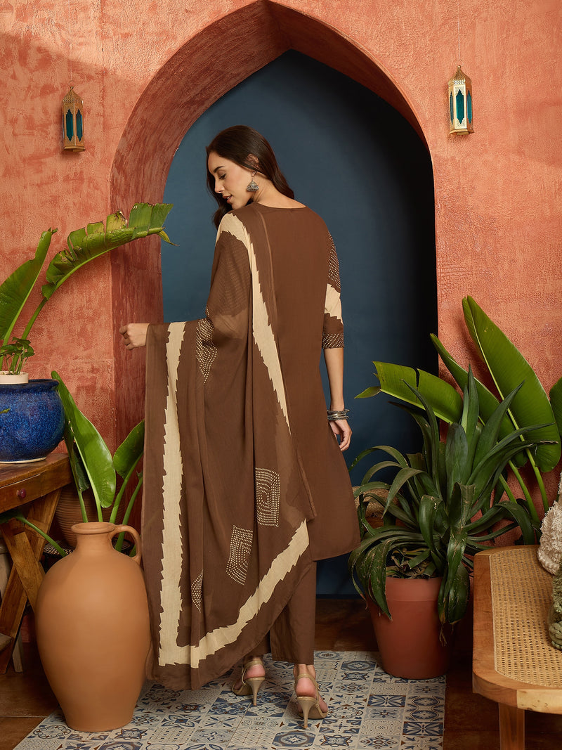 Stylum Women's Bandhej Printed Cotton Straight Kurta Pant Dupatta Set