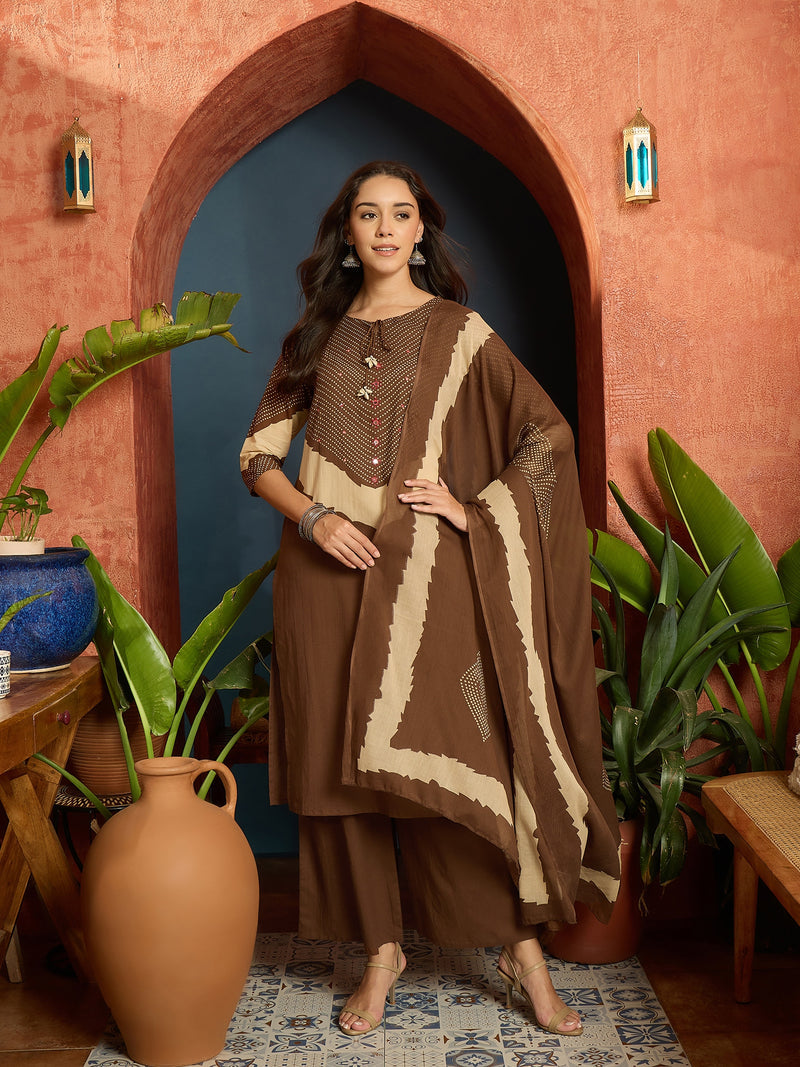 Stylum Women's Bandhej Printed Cotton Straight Kurta Pant Dupatta Set