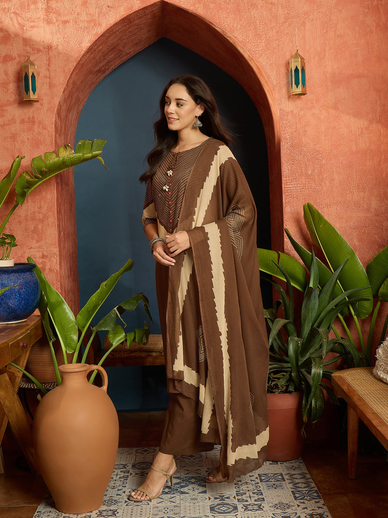 Stylum Women's Bandhej Printed Cotton Straight Kurta Pant Dupatta Set