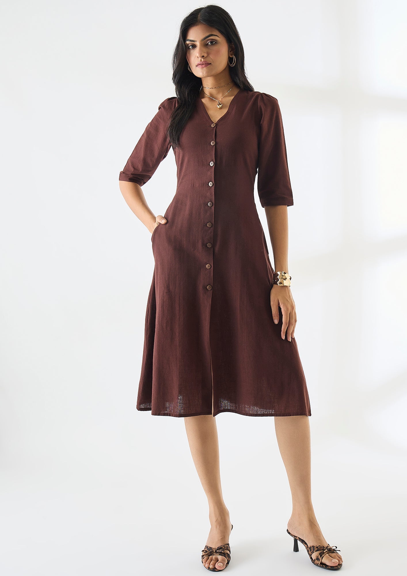 Studio OJS V-Neck Linen Dress - Brown