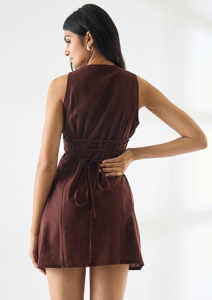 Studio OJS Waist Cinching Mini Linen Dress - Brown