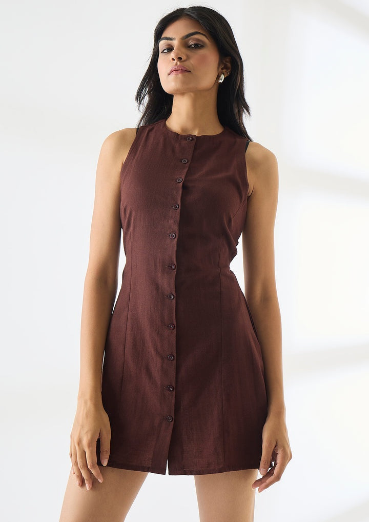 Studio OJS Waist Cinching Mini Linen Dress - Brown