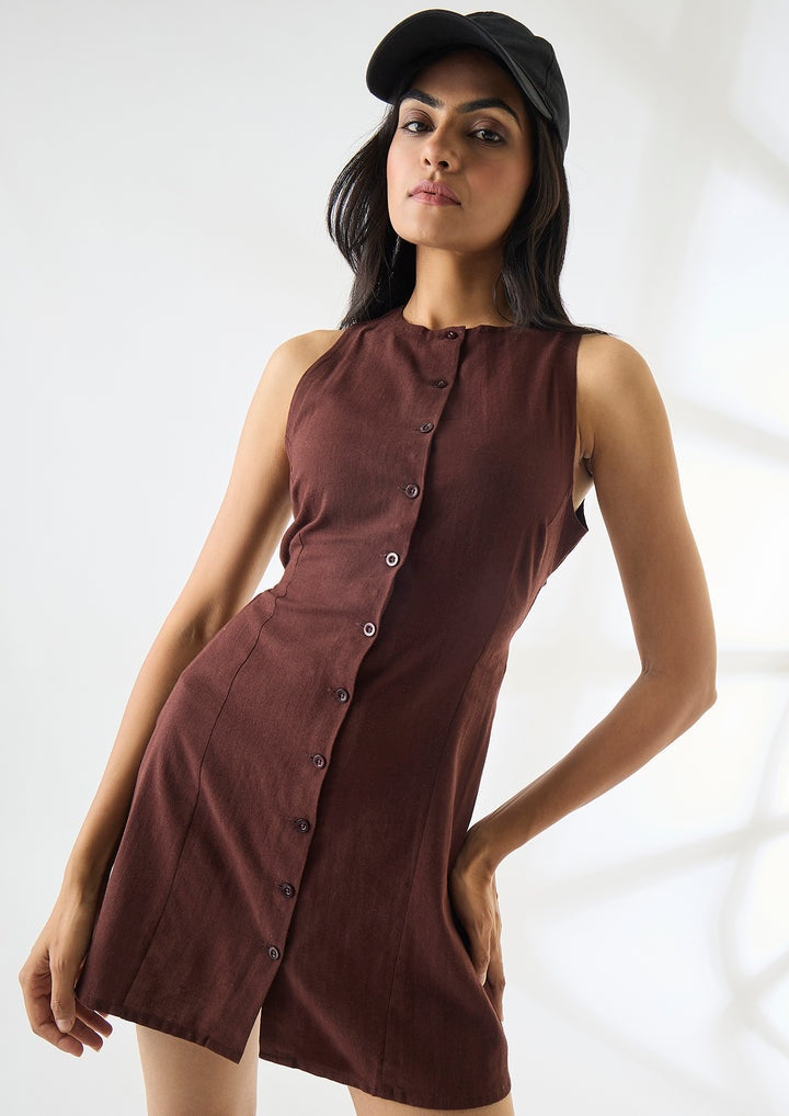 Studio OJS Waist Cinching Mini Linen Dress - Brown