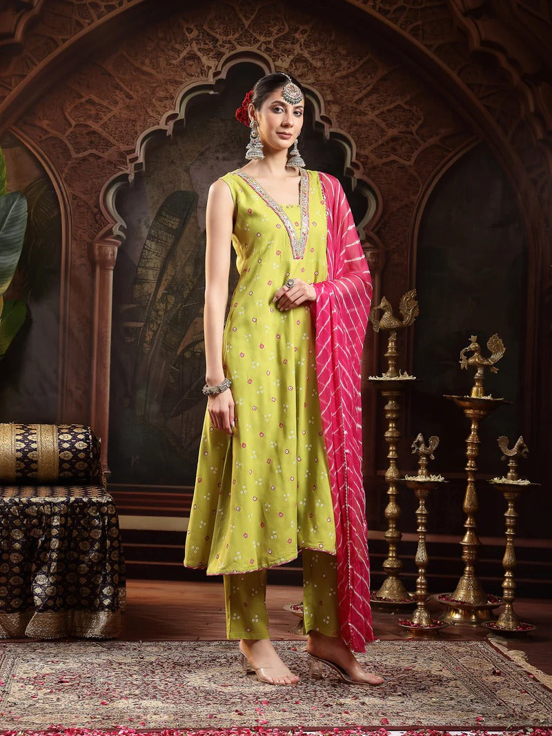 Stylum Women Bandhani Printed Bandhej A-Line Thread Work Pastels Kurta With Dupatta
