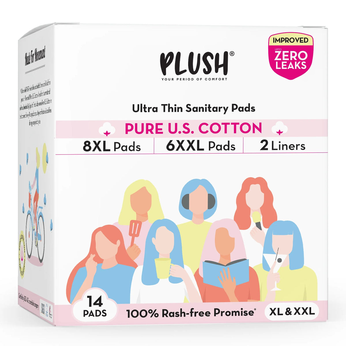 Plush Ultra-Thin Sanitary Pads for Women 14 Pcs | 8 XL Pads (Light-Medium Flow) 6 XXL Pads (Heavy Flow) 2 Panty Liners