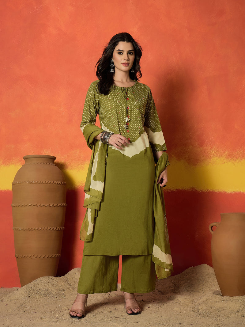 Stylum Women's Bandhej Printed Cotton Straight Kurta Pant Dupatta Set