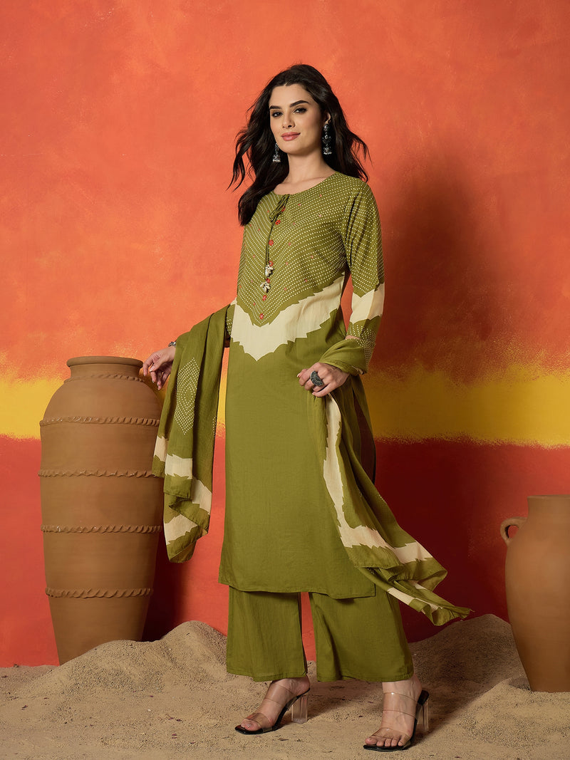 Stylum Women's Bandhej Printed Cotton Straight Kurta Pant Dupatta Set