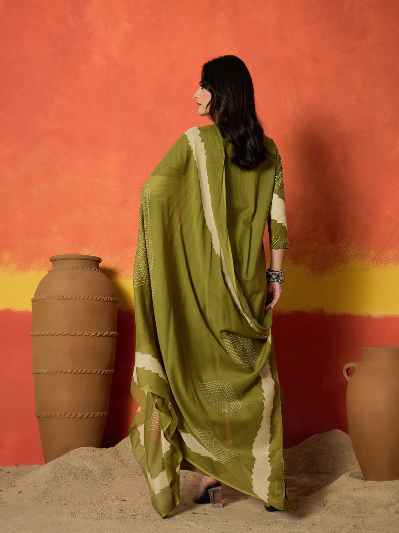 Stylum Women's Bandhej Printed Cotton Straight Kurta Pant Dupatta Set