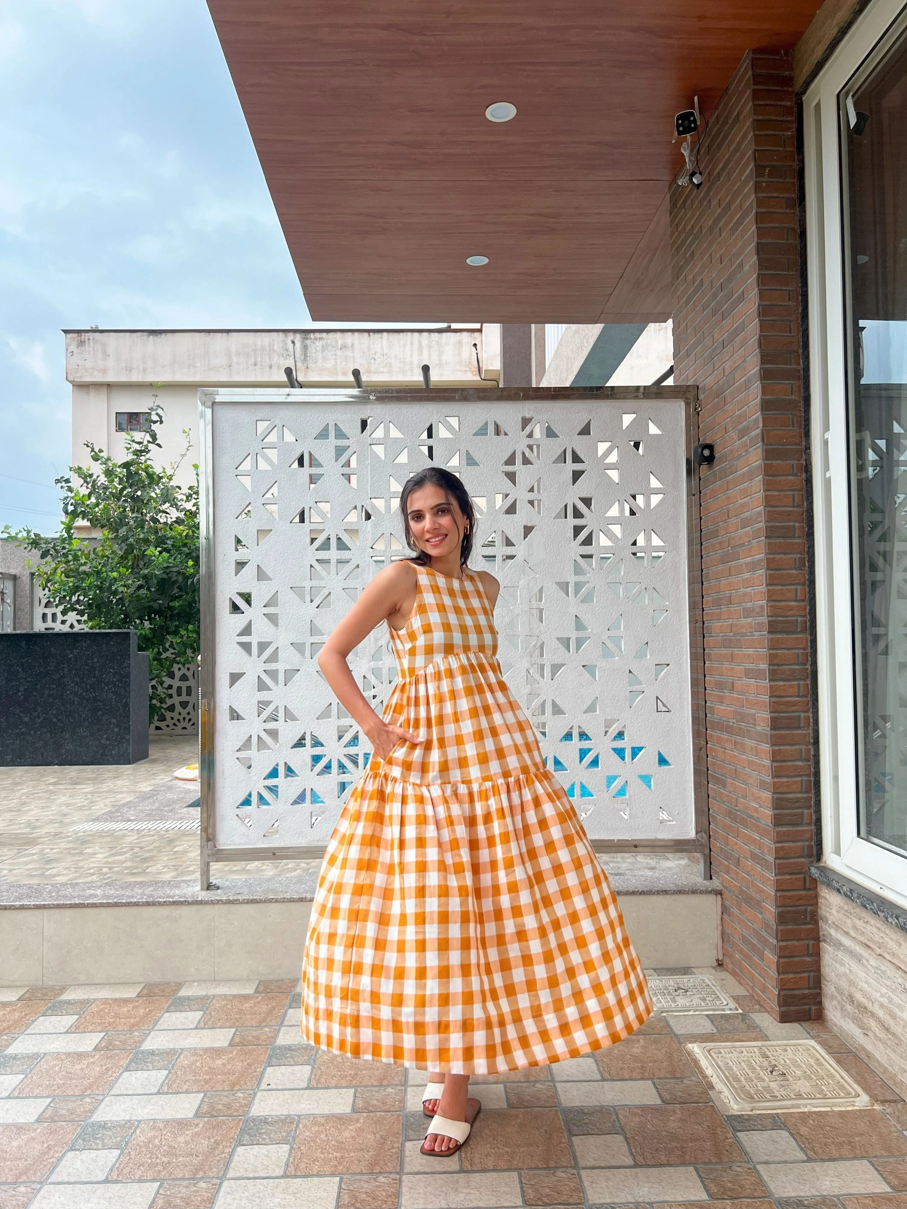 Sugnaa Classic A-Line Gingham Dress - Orange