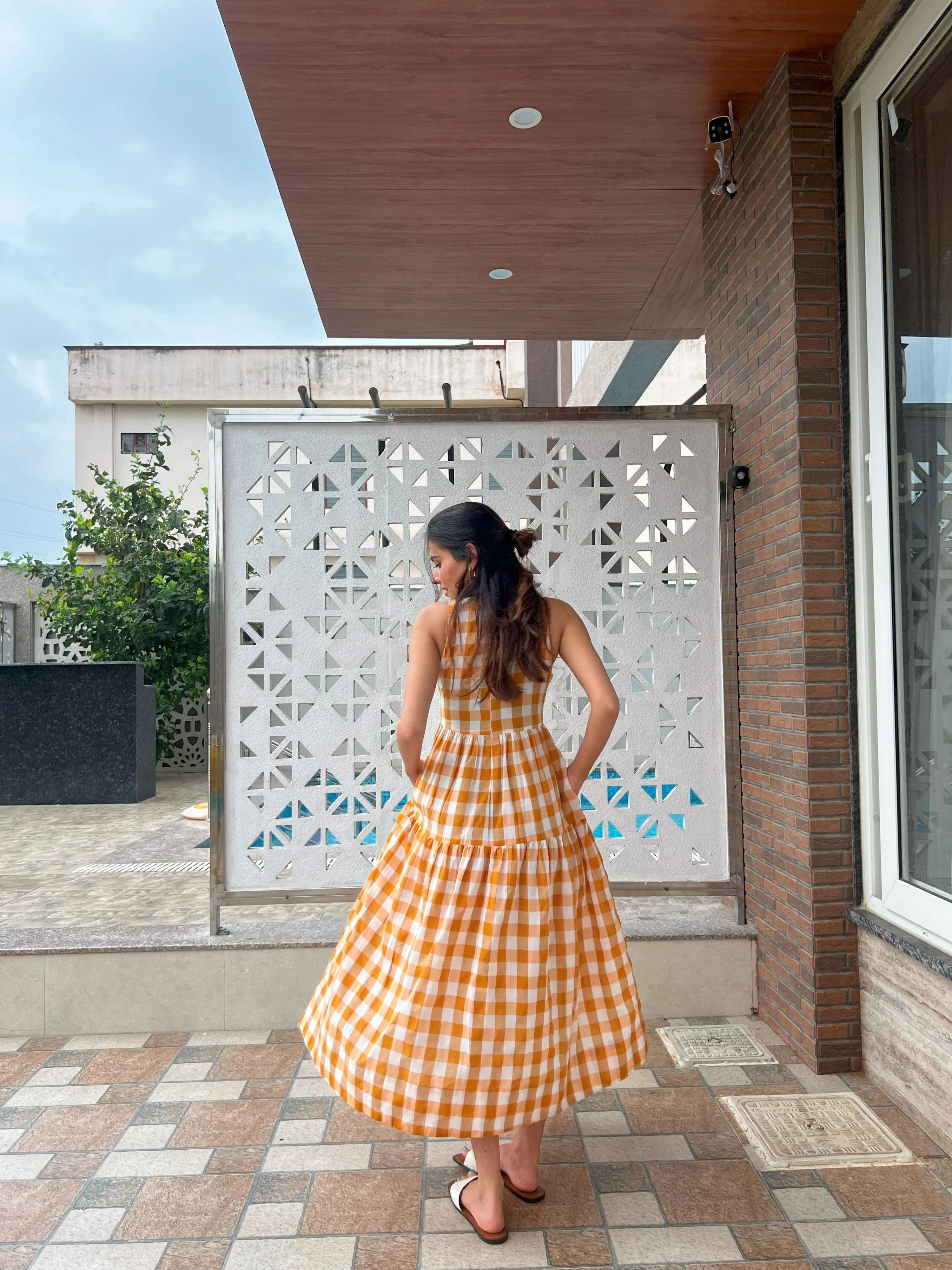 Sugnaa Classic A-Line Gingham Dress - Orange