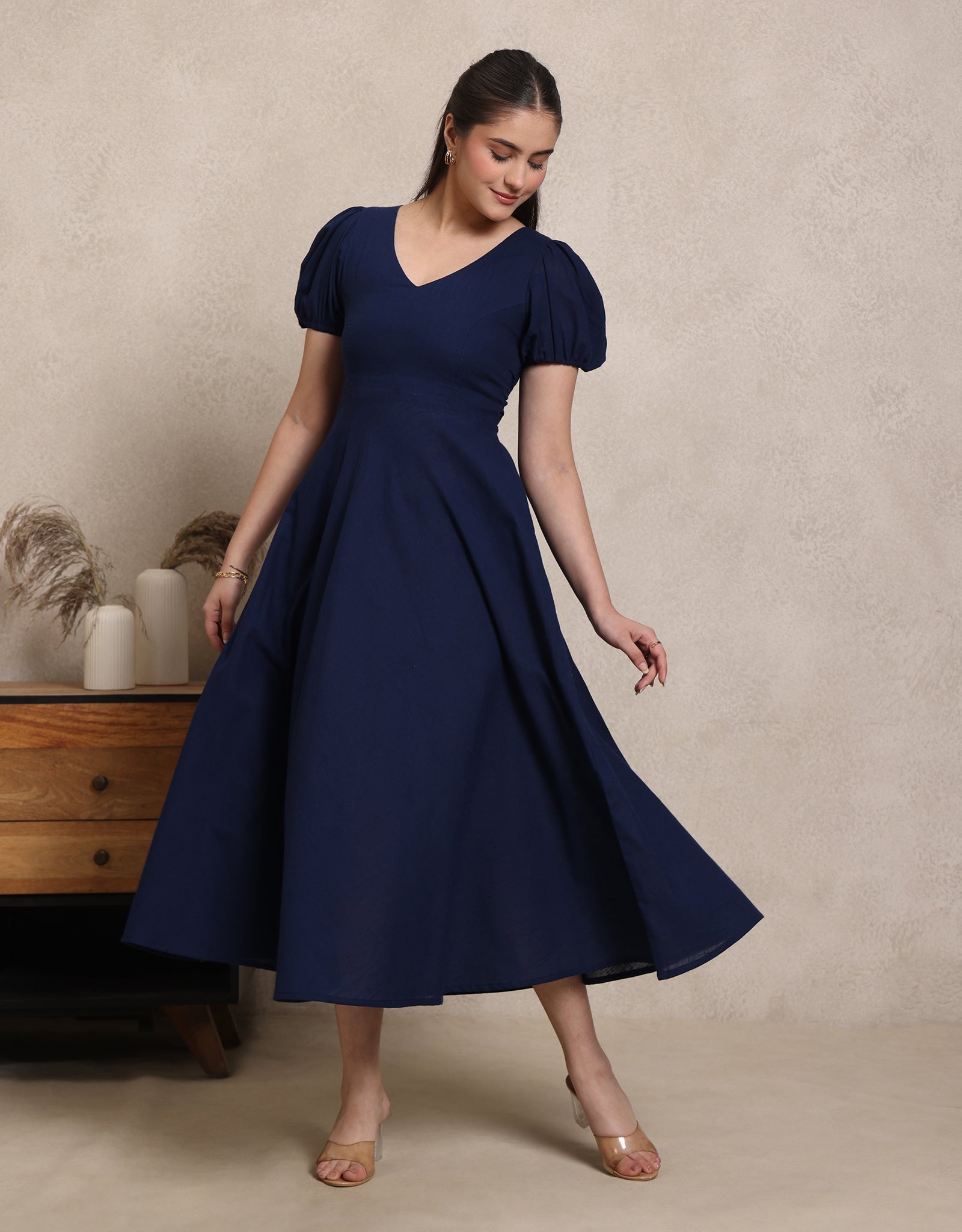 Studio OJS Midnight Blue V-Neck Midi Dress - Navy Blue