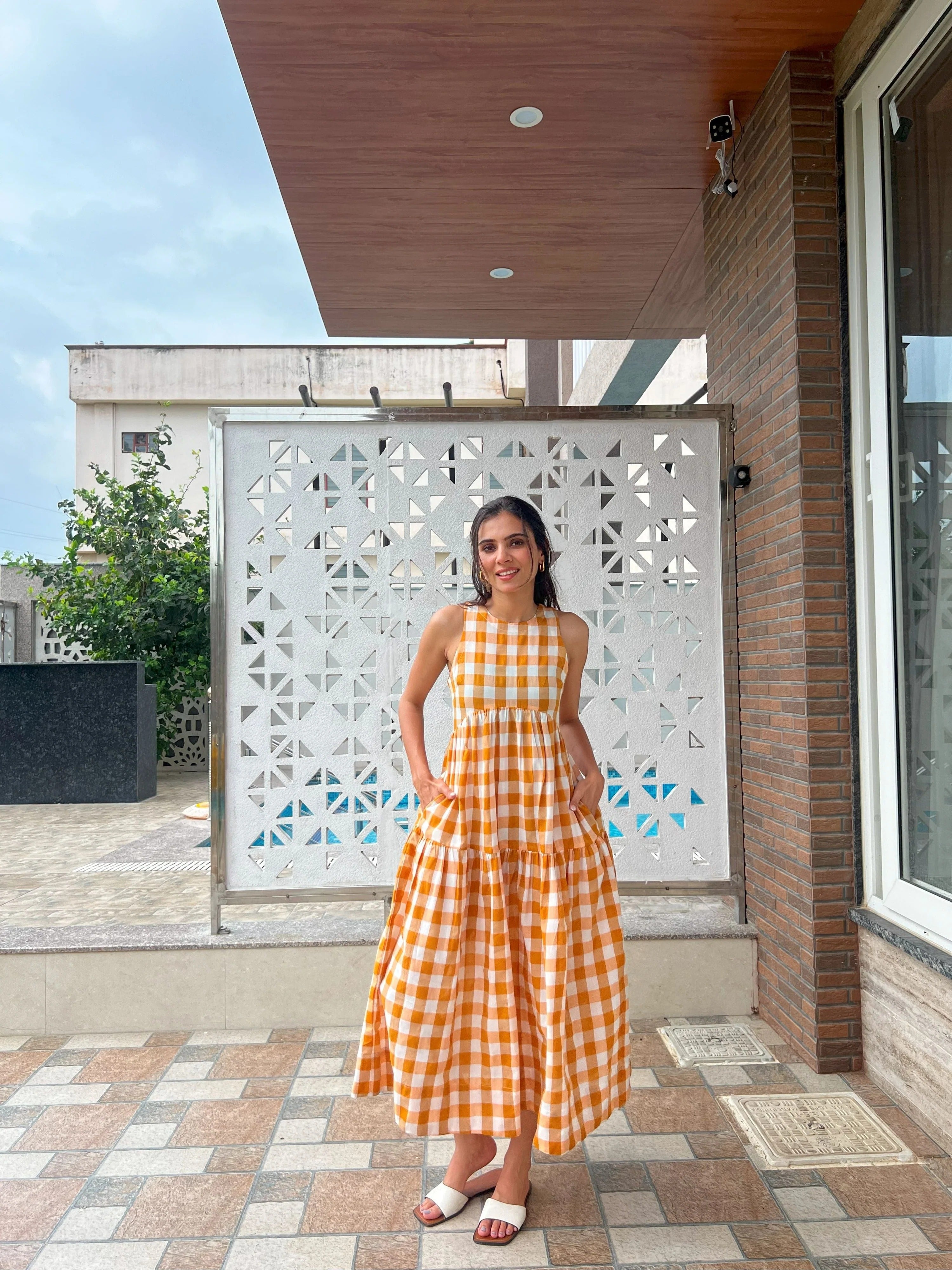 Sugnaa Classic A-Line Gingham Dress - Orange