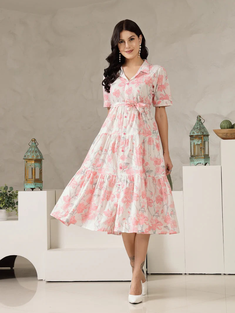 Stylum Women's Pastel Pink Floral Printed Cotton Flared Dress